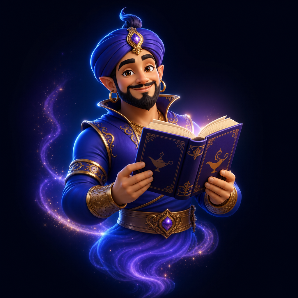 Friendly genie with a glowing lamp, styled as a modern SaaS brand ambassador