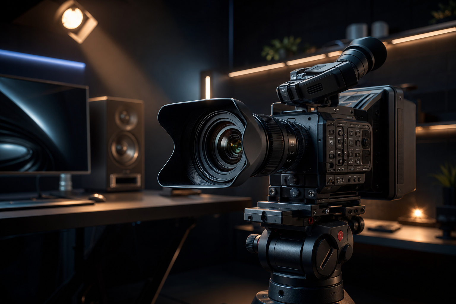 Traditional video camera with cinematic shader-style lighting, soft glow, rich shadows, and a premium dark creative-studio aesthetic