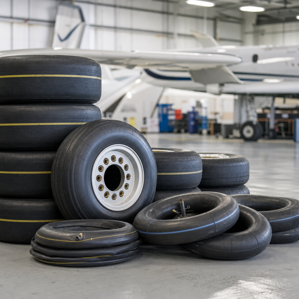 Stack of aircraft tires and tubes staged for procurement inspection in a clean hangar