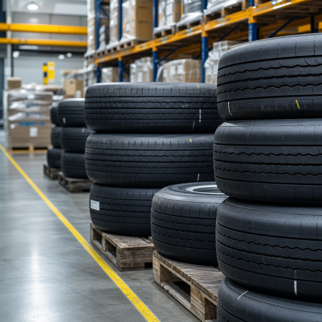 stacked aircraft tires with visible tread pattern in a warehouse setting
