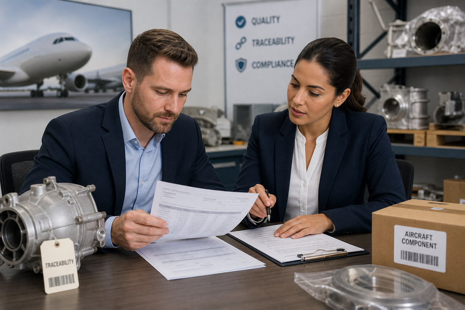 Aviation compliance specialists reviewing aircraft component documentation in a modern logistics office