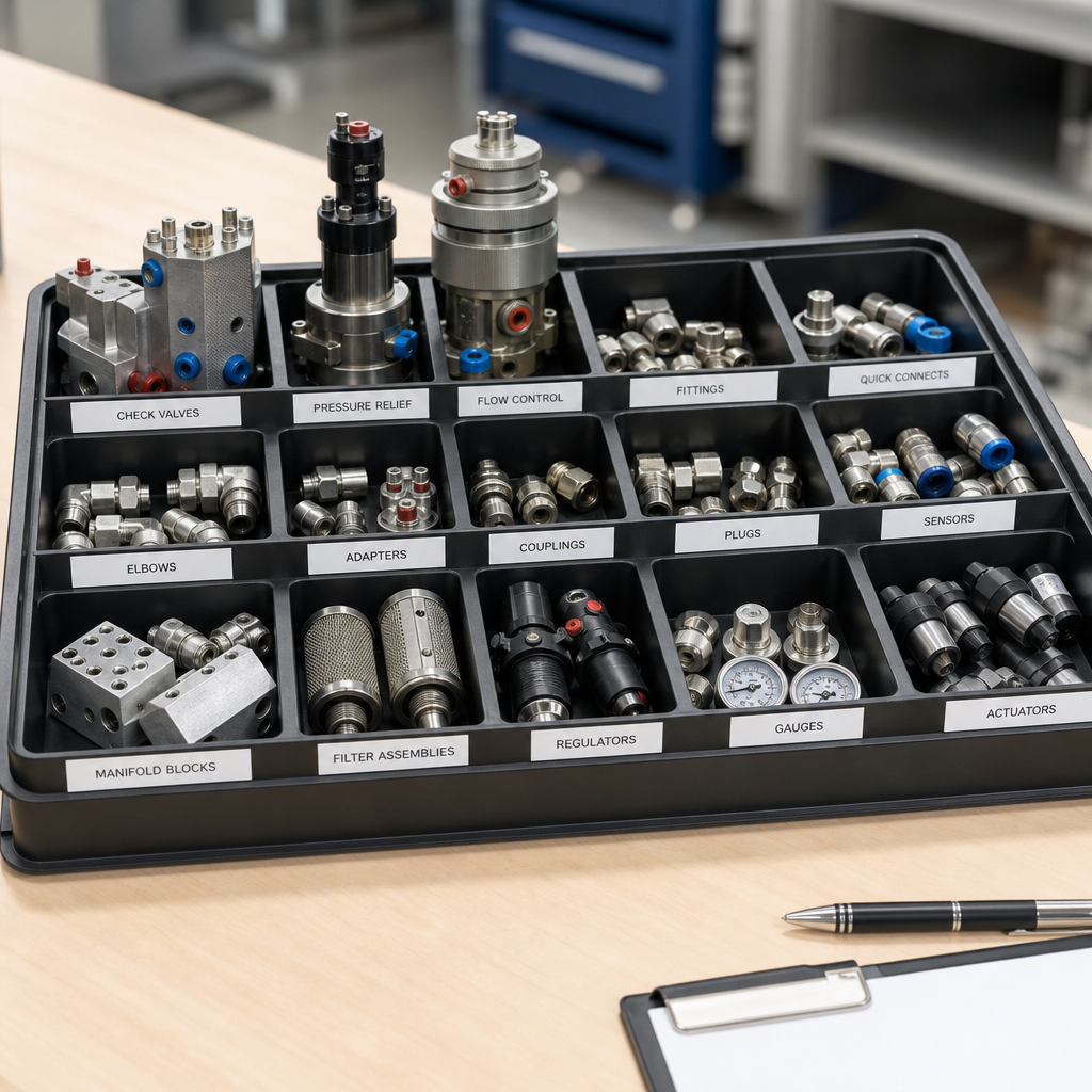 Organized tray of labeled aviation components including valves, fittings, and assemblies