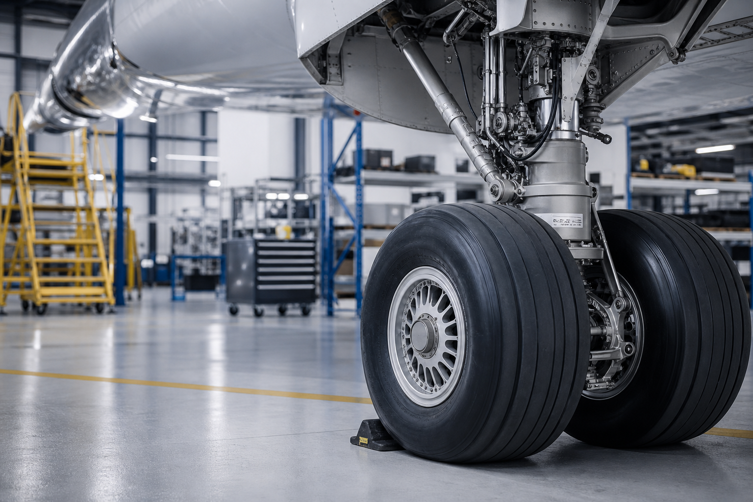 Aircraft landing gear and tire assembly inside a clean aviation hangar with maintenance tooling in the background