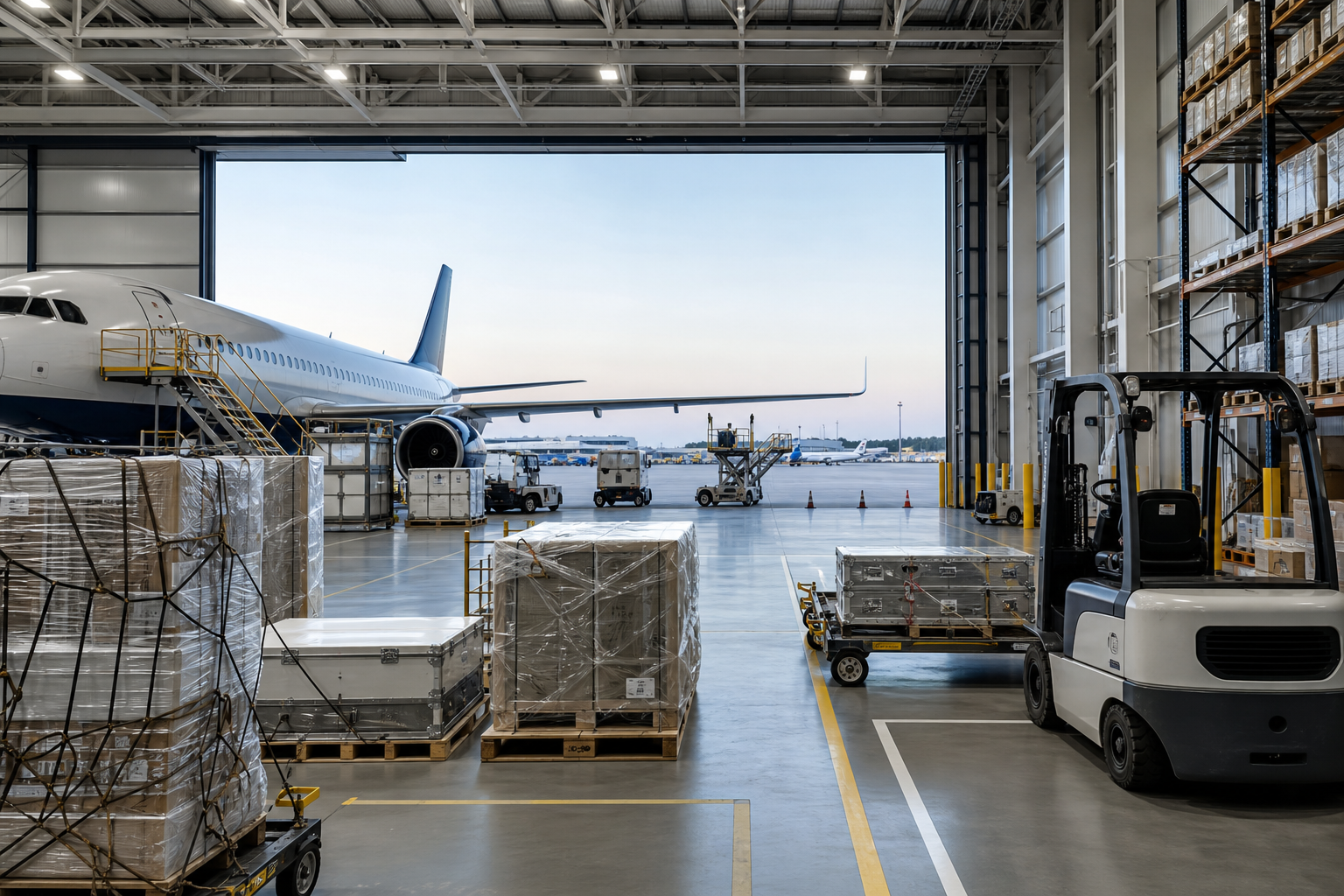 Modern aviation logistics hangar with palletized parts and ground handling equipment