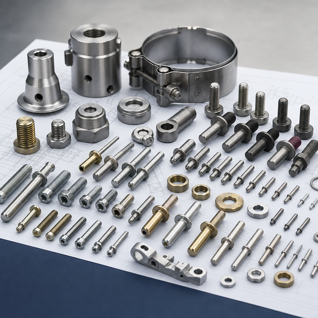 assorted aviation fasteners and machined components on a clean inspection table