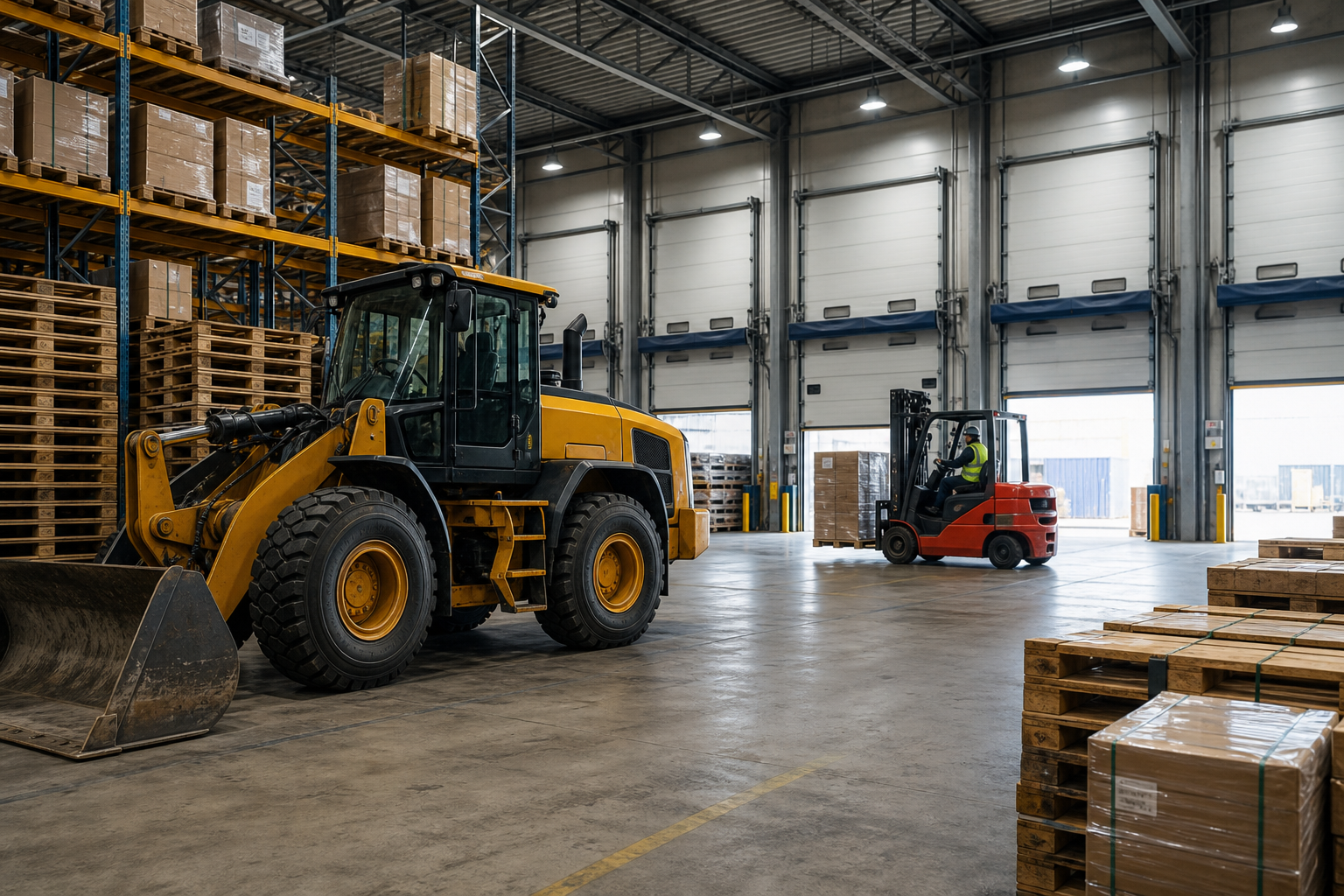 Clean, professional warehouse loading bay with a large yellow wheel loader in the foreground, stacked pallets, and a logistics forklift in the background