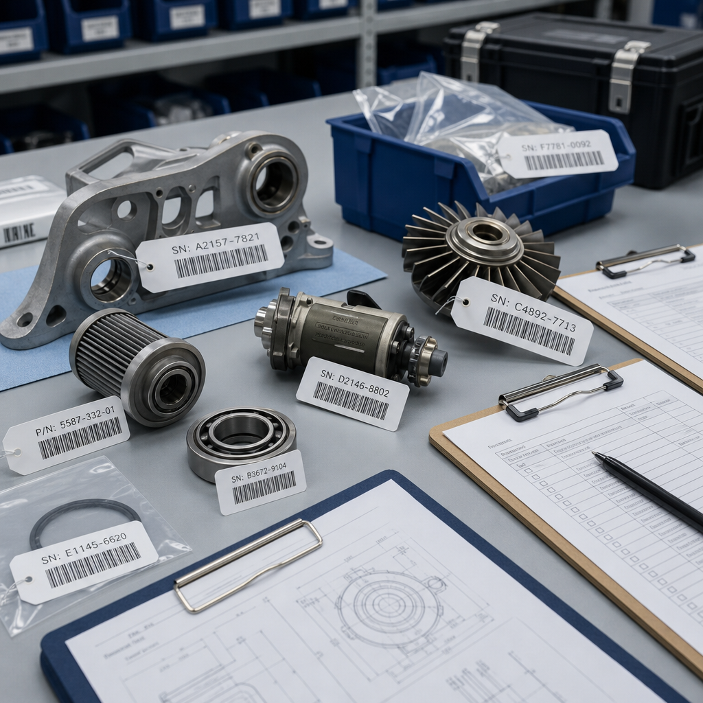 aviation components with barcode and serial number labels laid out for verification