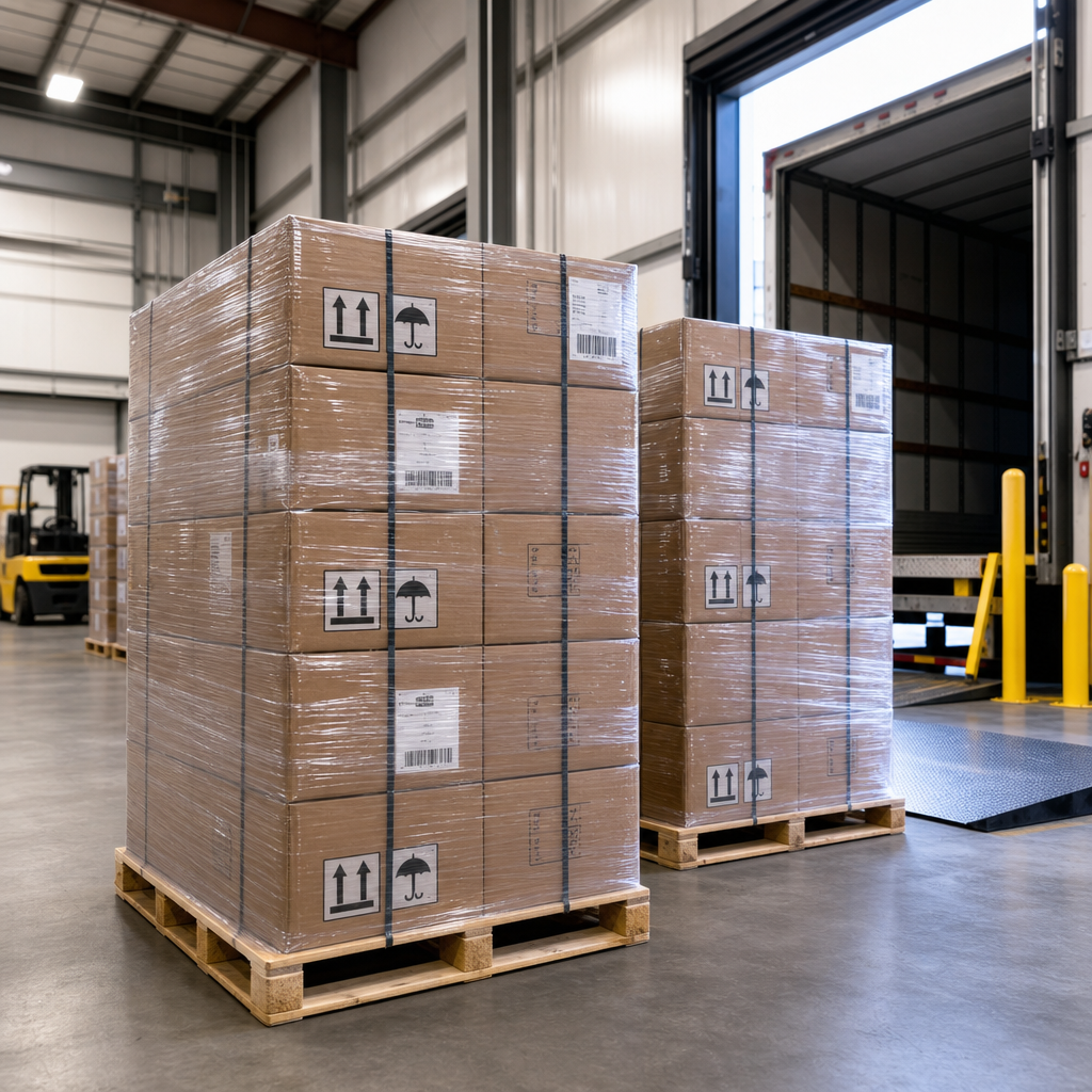 freight pallets being staged for shipment with protective wrap and logistics markings
