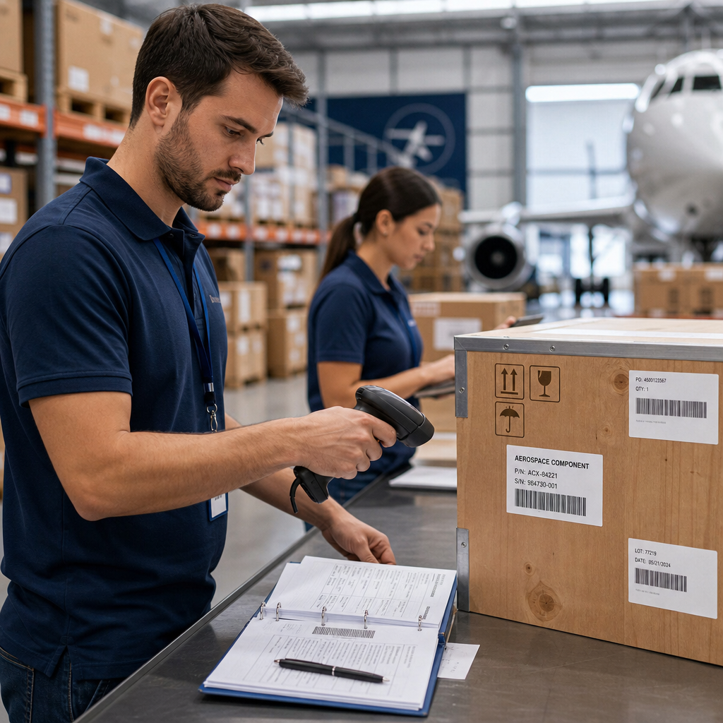 Warehouse staff scanning labeled crates and documentation for traceable aerospace supply