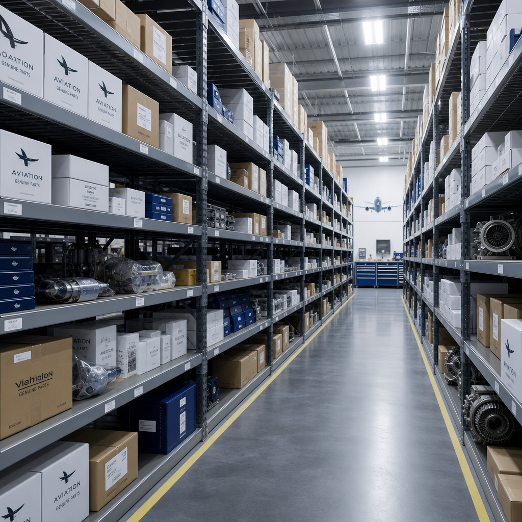 organized warehouse shelves holding boxed aviation supplies and parts