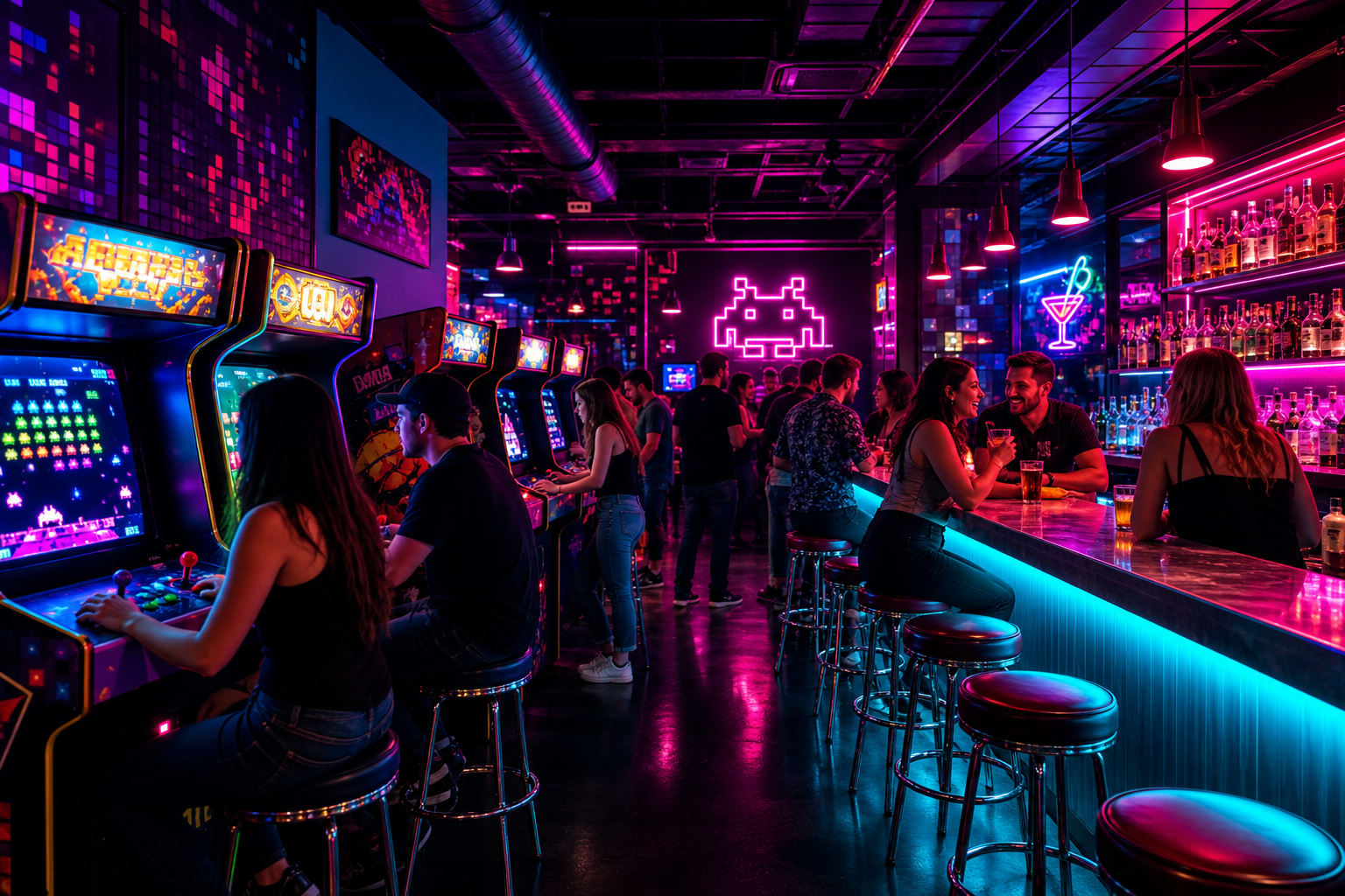 Neon-lit arcade bar with glowing cabinets, a sleek bar counter, and groups of friends playing games in a vibrant nightlife atmosphere