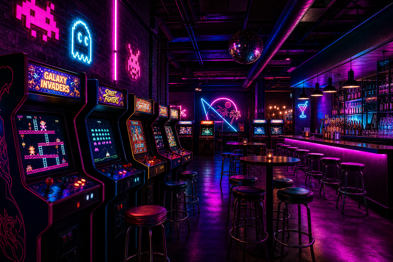 Neon-lit arcade bar interior with glowing retro game cabinets, cyan and magenta lighting, and a lively nightlife atmosphere