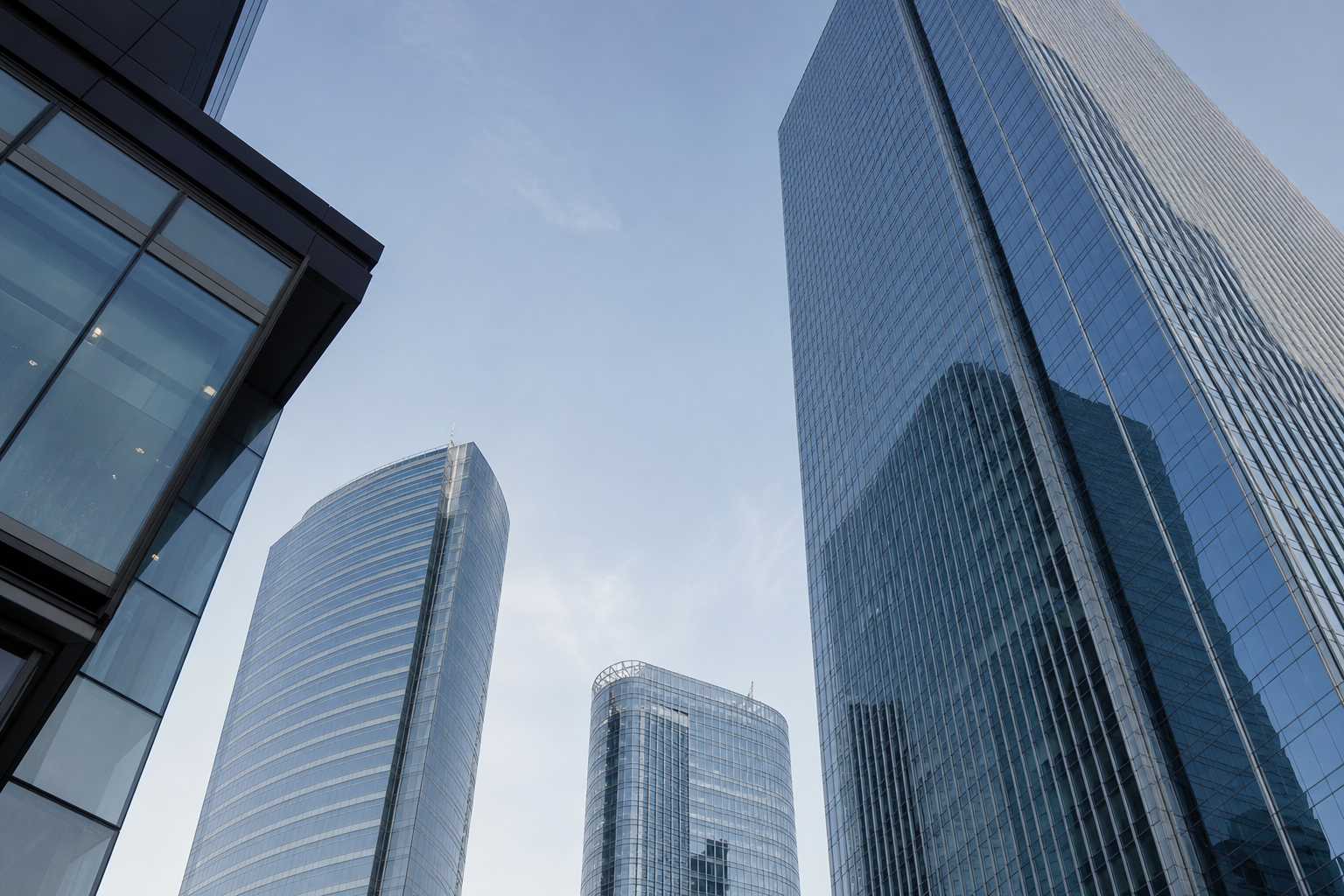 Editorial view of modern international business towers with clean geometric lines