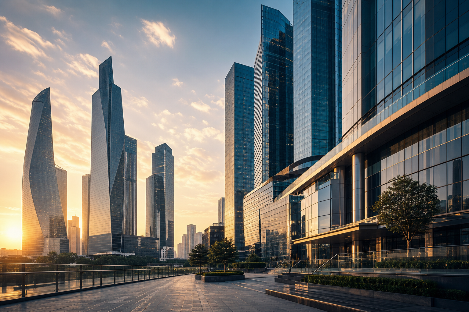 Refined international business district with premium modern towers, glass facades, and executive atmosphere at golden hour