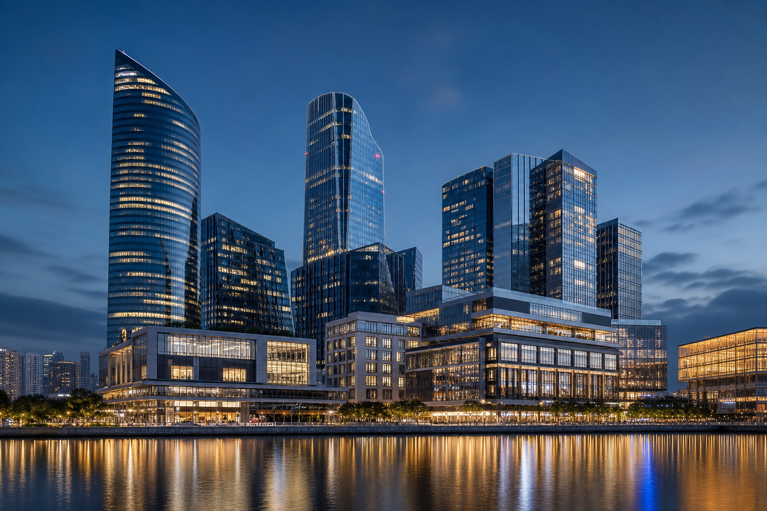 Refined international city skyline with modern waterfront towers and premium mixed-use architecture at dusk