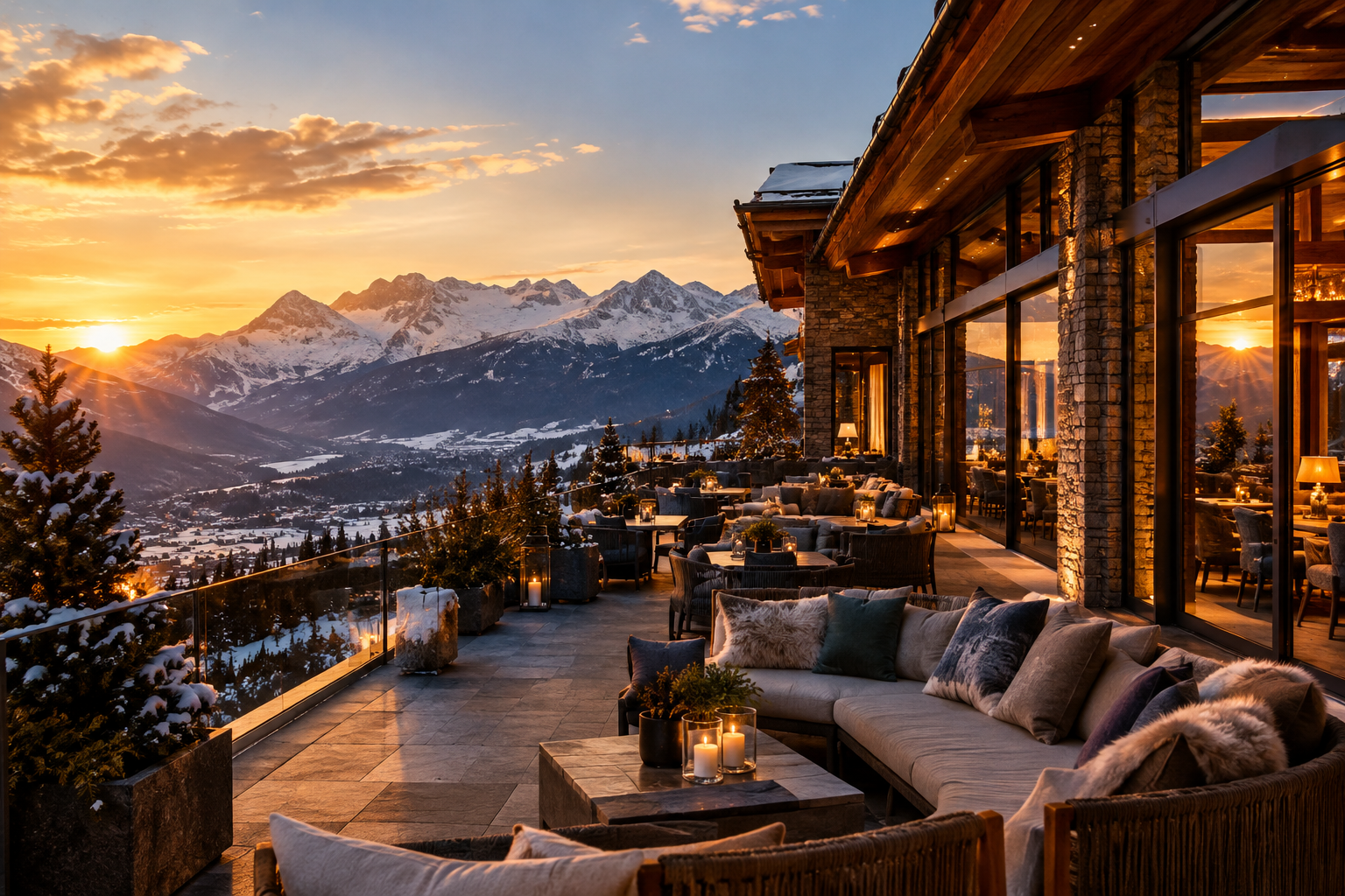 Luxury alpine hotel terrace at golden hour overlooking Crans-Montana peaks, with warm interior light and refined mountain atmosphere