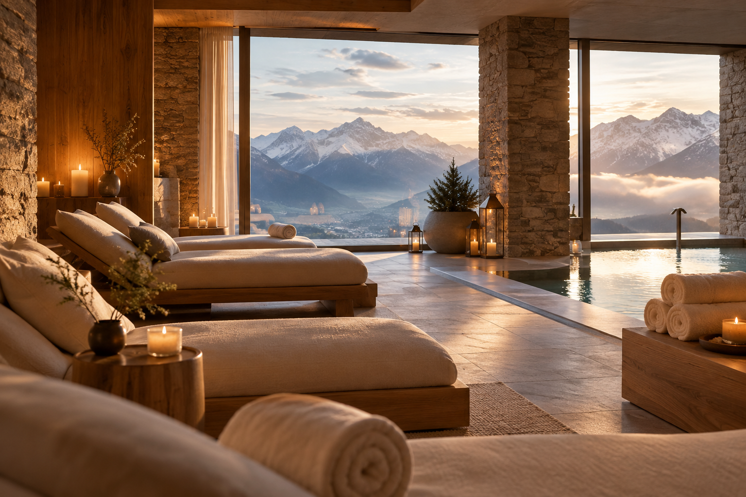 Quiet alpine wellness lounge with warm stone textures, soft candlelight, and mountain views