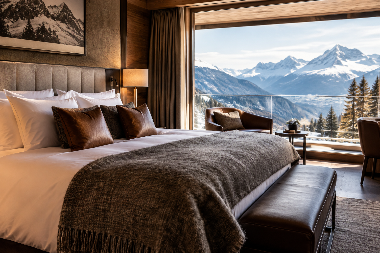 Deluxe Ridge Room with cozy luxury bedding, alpine textures, and ridge-facing window light