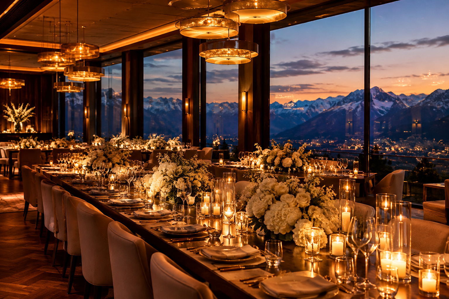 Elegant alpine event hall with long candlelit tables, floral centerpieces, and panoramic mountain windows at dusk
