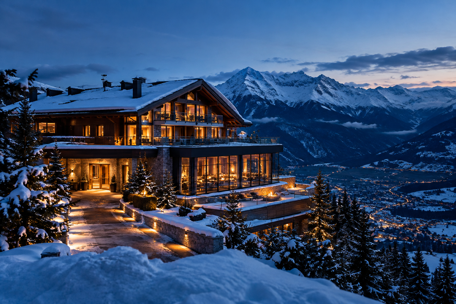 Snow-dusted alpine hotel exterior glowing at blue hour with warm window light