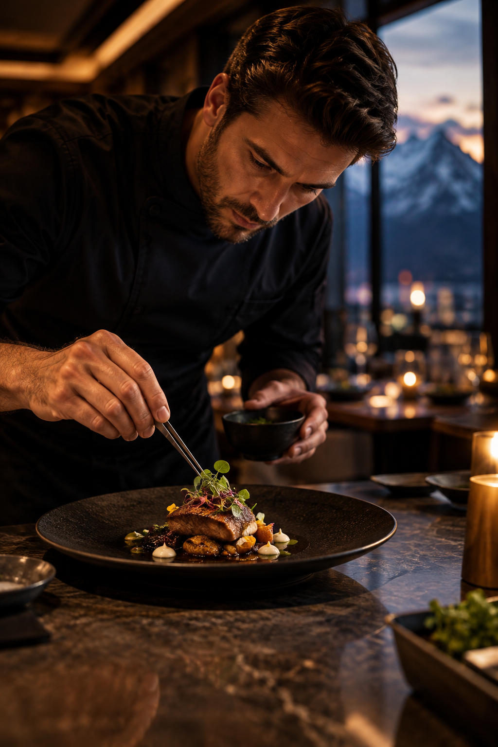 Chef plating a refined tasting course on dark stoneware in warm restaurant light
