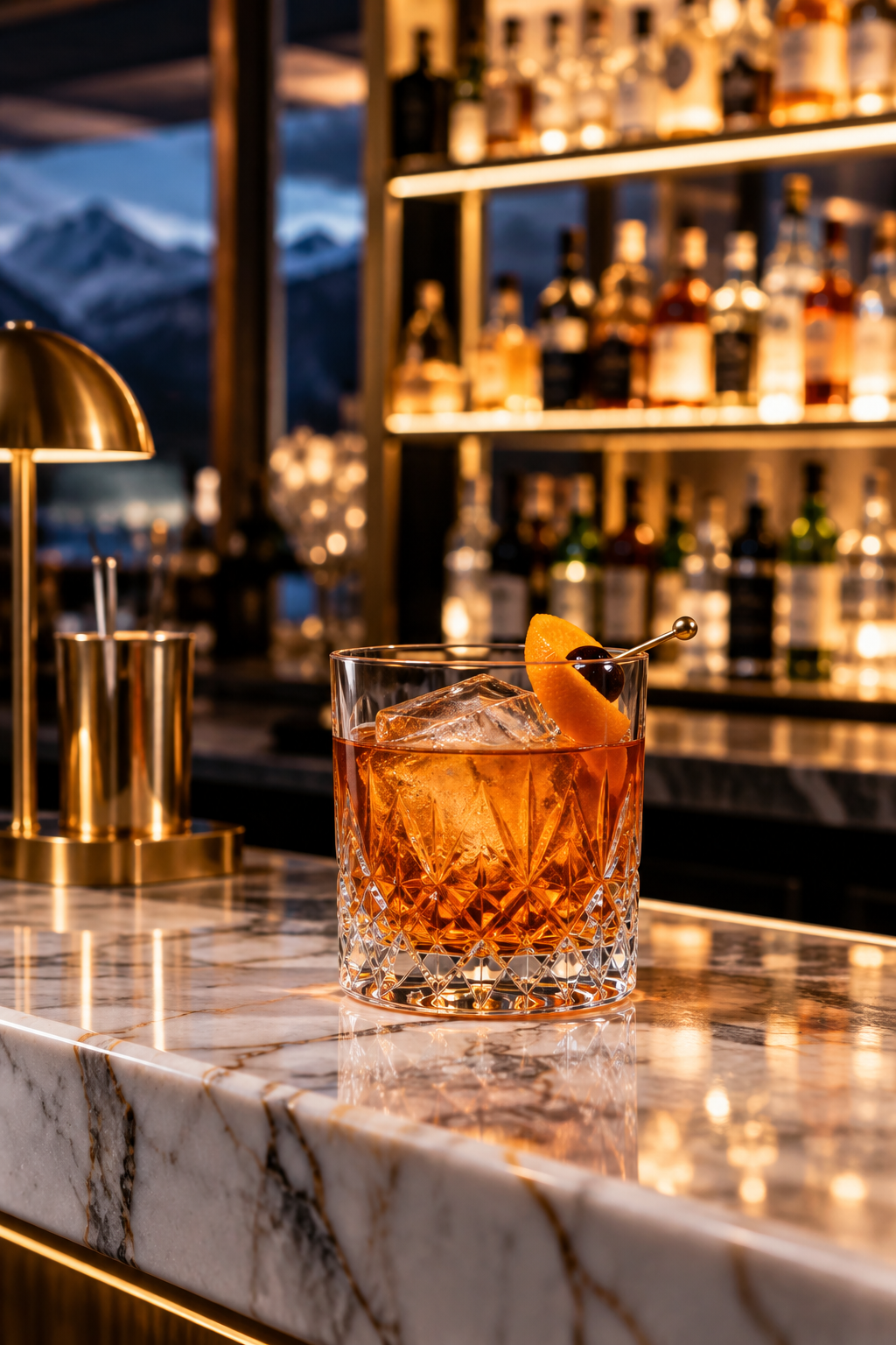 Craft cocktail with amber tones on marble bar beside brass lamps and crystal glassware