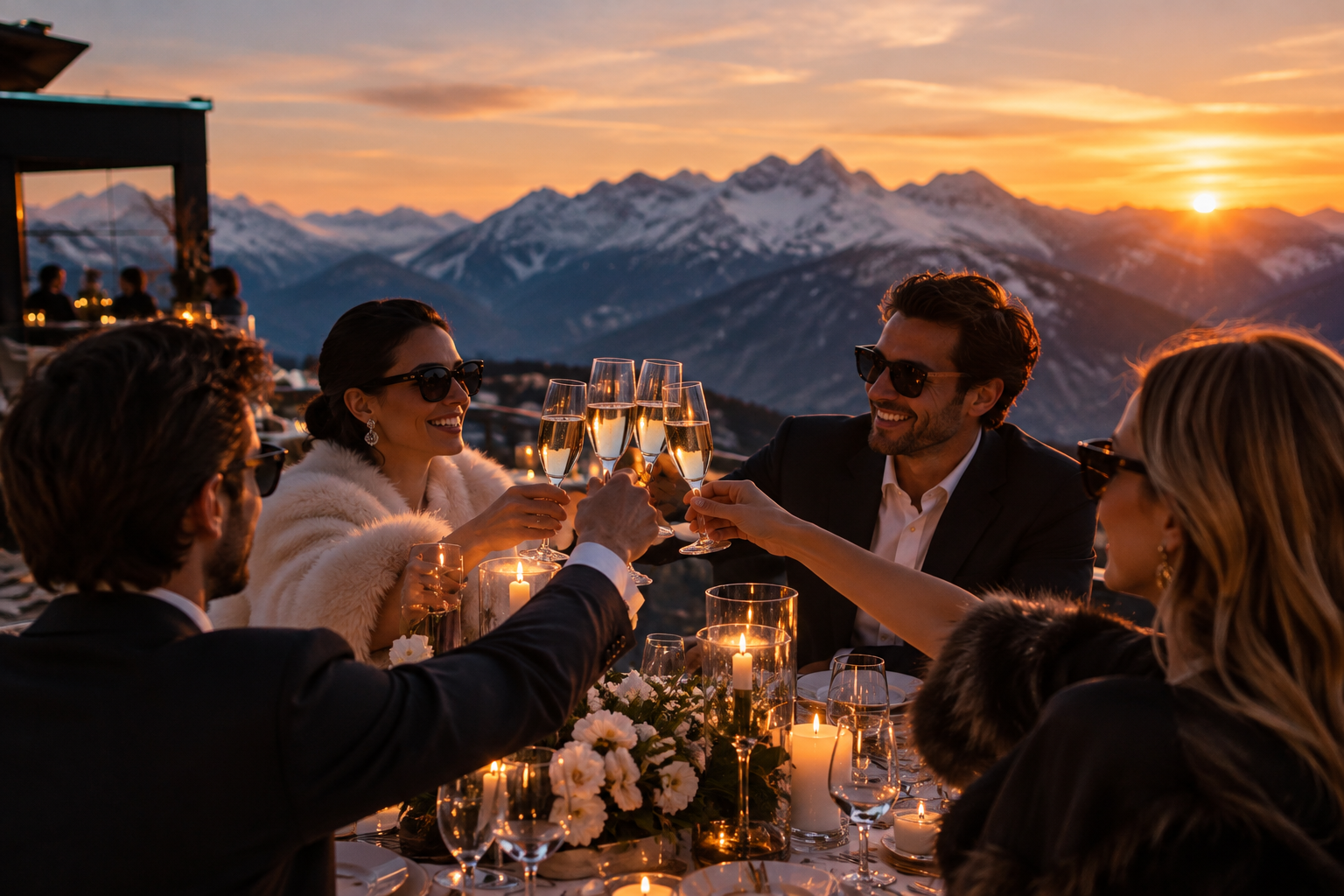 Small private celebration with guests toasting champagne against mountain sunset views