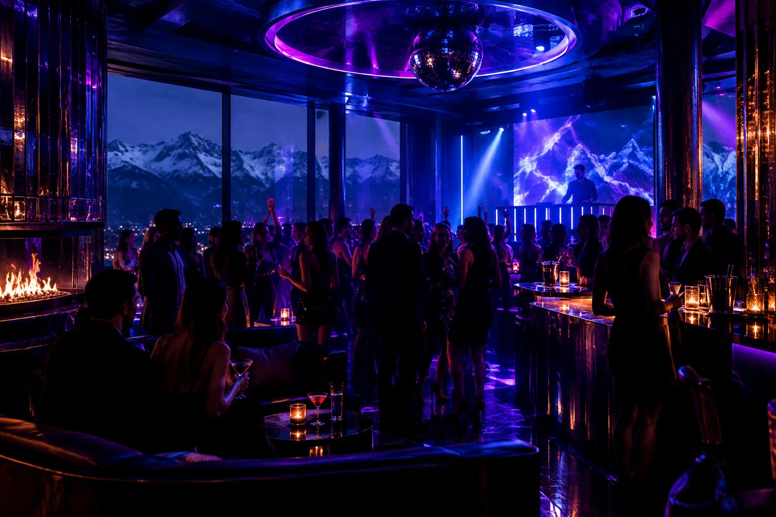 Upscale night club dance floor with deep violet lighting and energetic crowd silhouettes