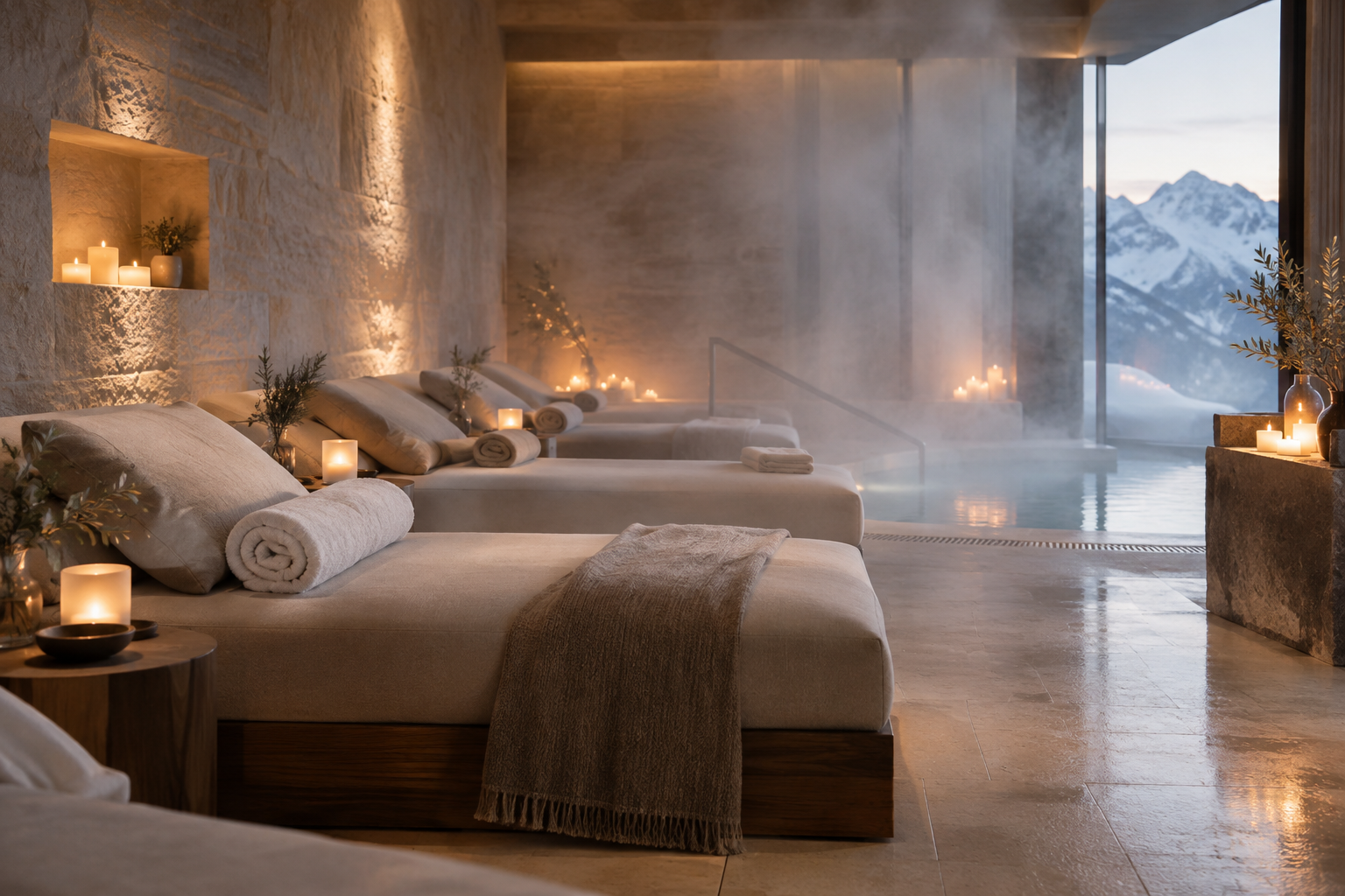 Serene spa lounge with linen daybeds, pale stone textures, and soft candlelight