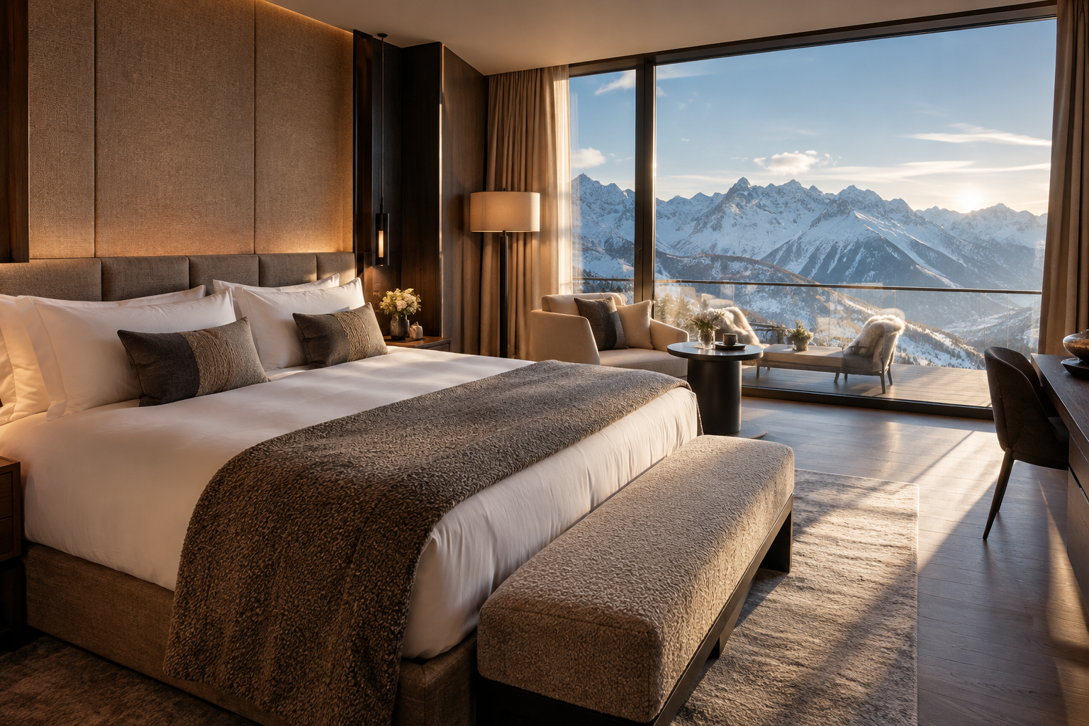 Elegant suite interior with plush king bed and panoramic mountain windows