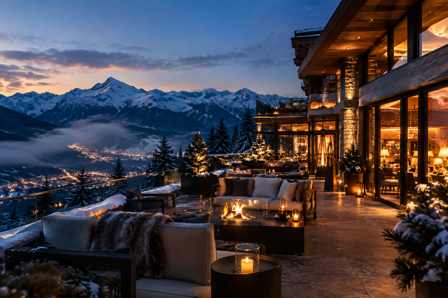 Cinematic alpine luxury hotel terrace at dusk with mountain peaks, warm interior glow, and refined hospitality atmosphere