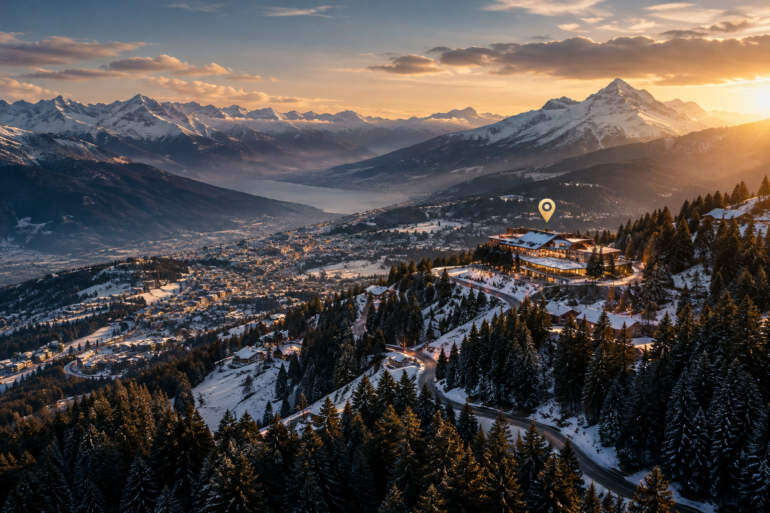 Atmospheric map-style aerial view of Crans-Montana with alpine roads, pine forest edges, and a marked luxury mountain hotel destination