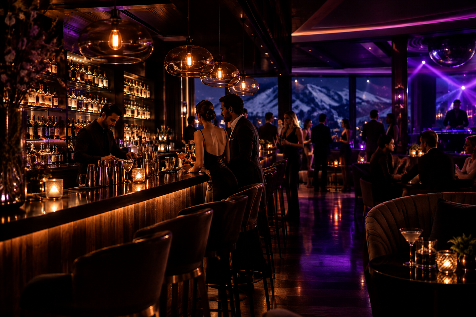 Elegant alpine nightclub interior with amber and violet lighting, a polished cocktail bar, and stylish guests enjoying an upscale late-night atmosphere