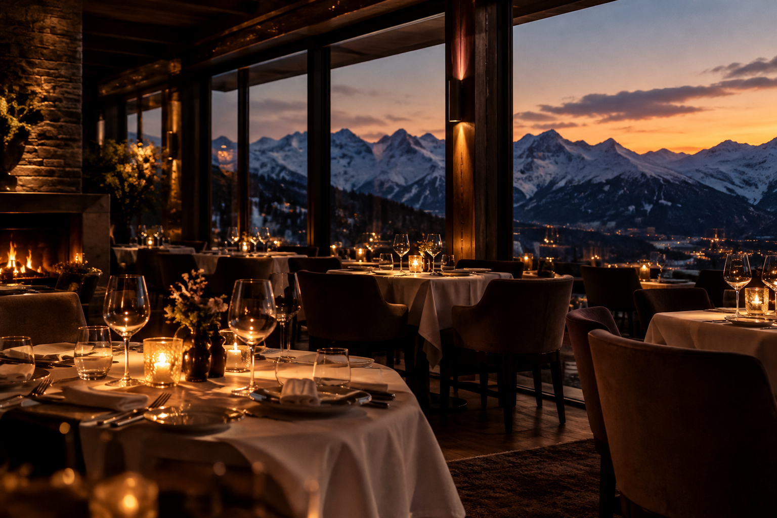Elegant alpine restaurant dining room with warm candlelit tables, panoramic mountain views through large windows, refined table settings, and a moody evening atmosphere