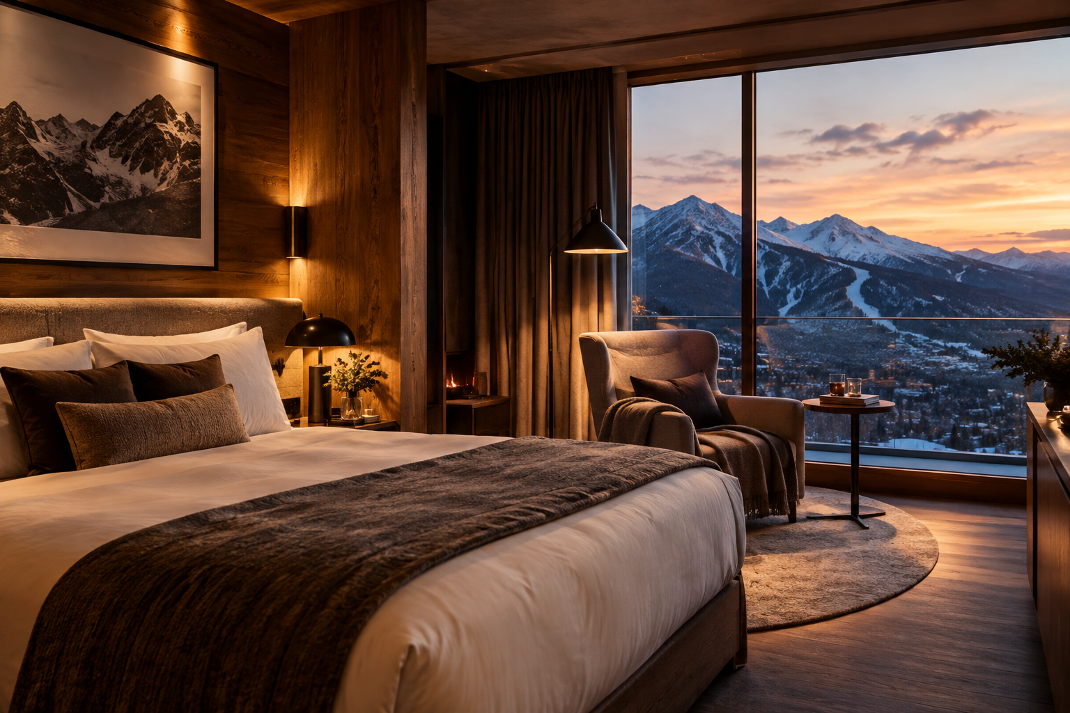 Deluxe Ridge Room with warm walnut finishes, lounge chair by window, and soft evening light over alpine slopes