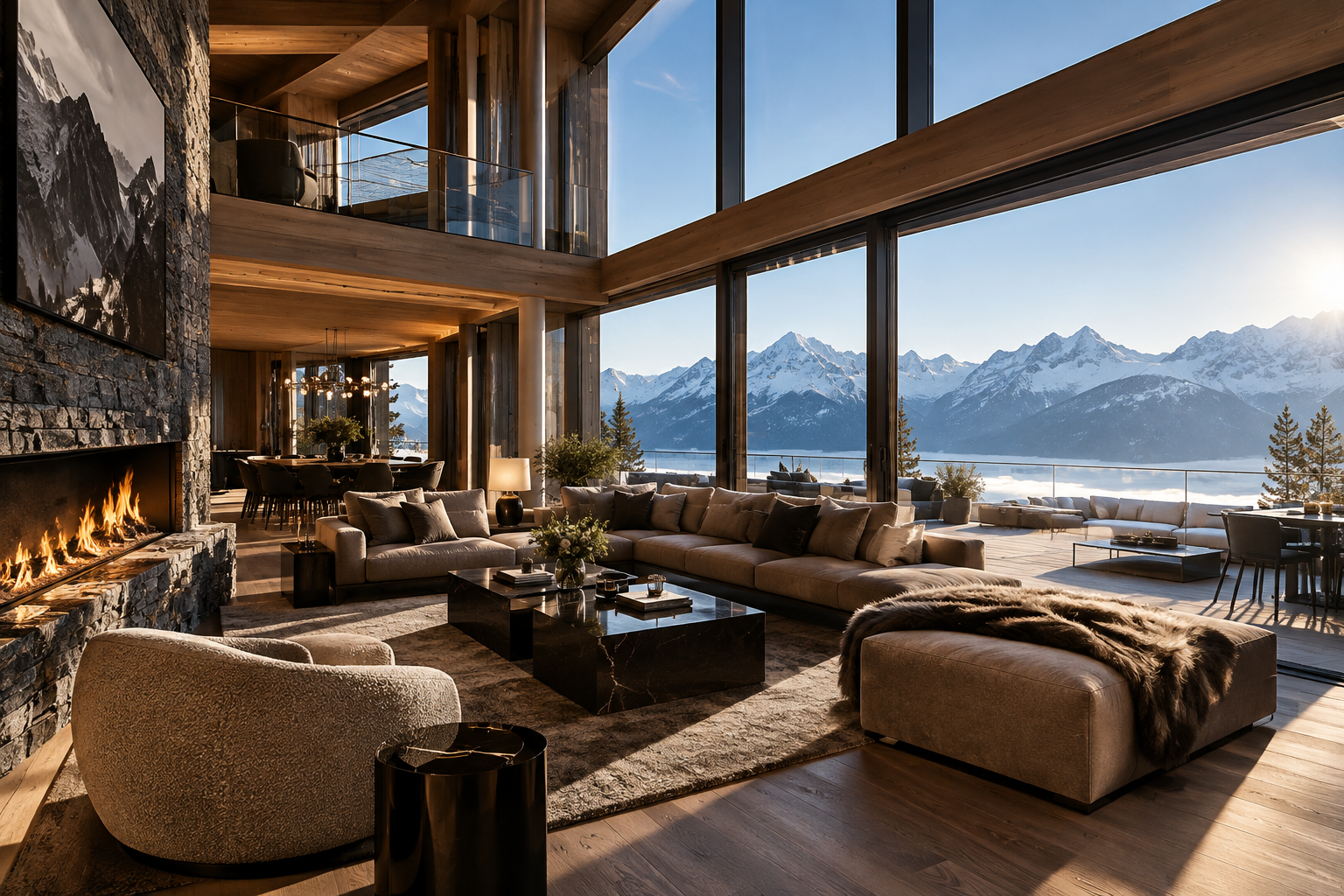 Penthouse Loft Residence with double-height ceiling, contemporary fireplace, and expansive terrace facing alpine peaks