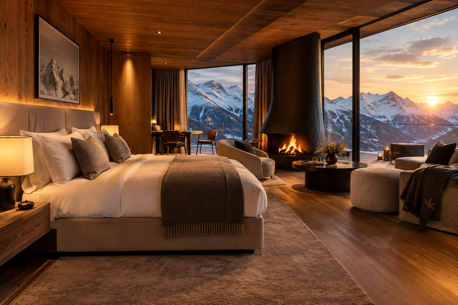 Signature Alpine Suite with oak paneling, fireplace lounge, and panoramic snow-capped mountain view through floor-to-ceiling windows