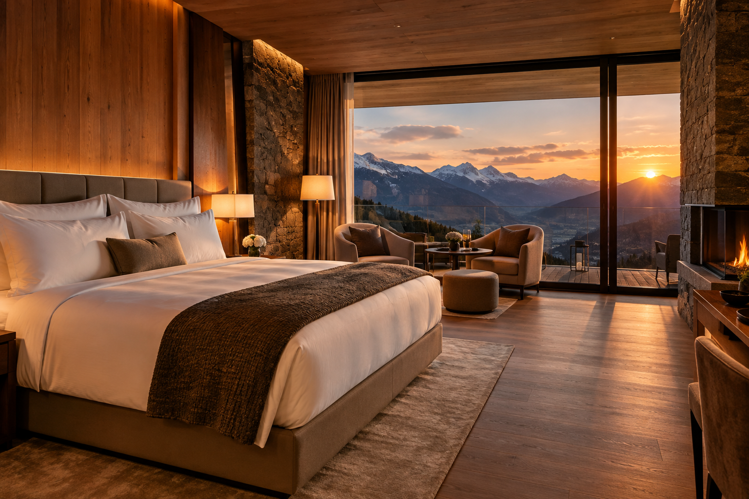Luxurious alpine hotel suite with king bed, warm wood finishes, floor-to-ceiling windows, and a serene mountain view at sunset