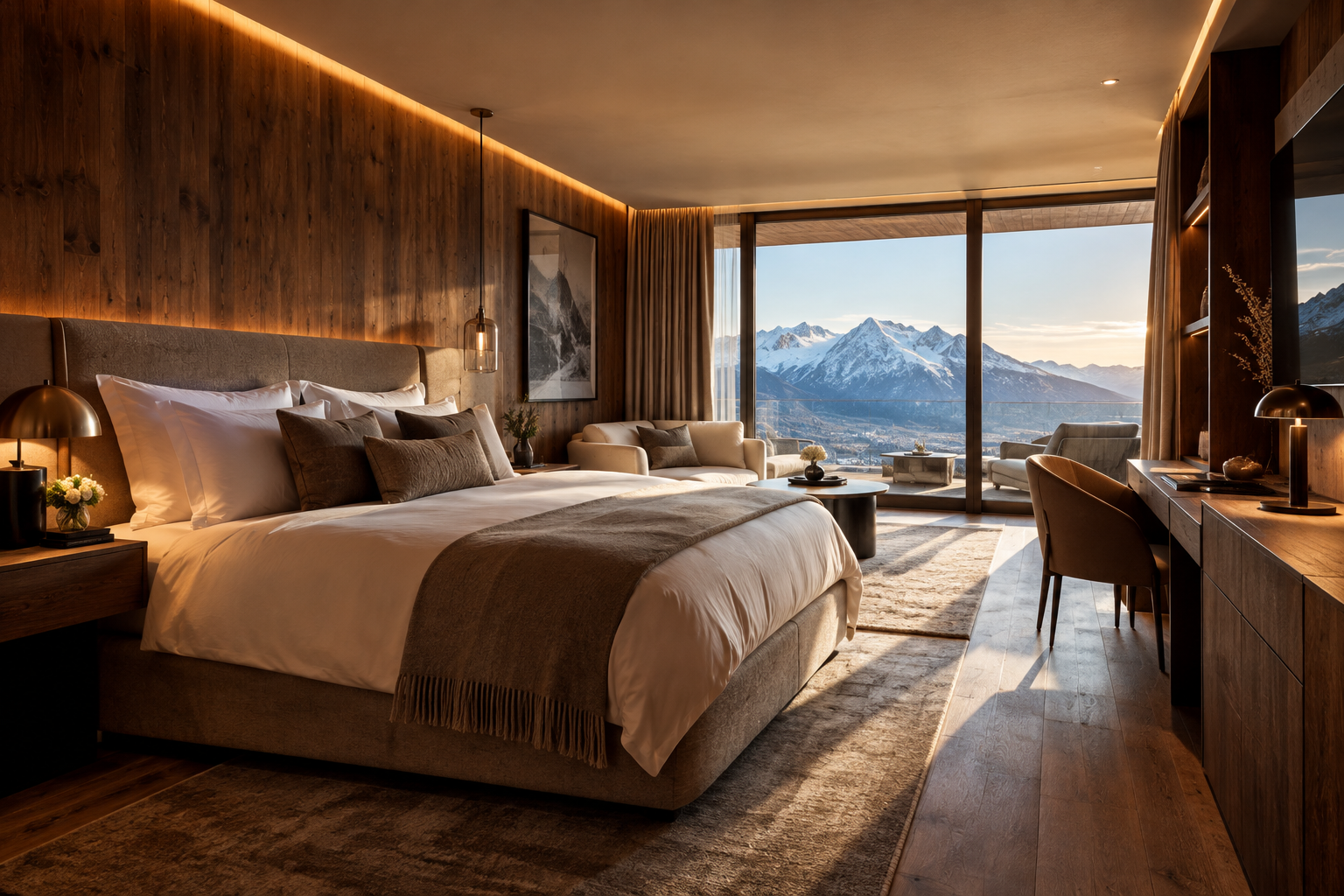 Signature Alpine Suite with warm timber finishes, mountain views, and an elegant lounge area