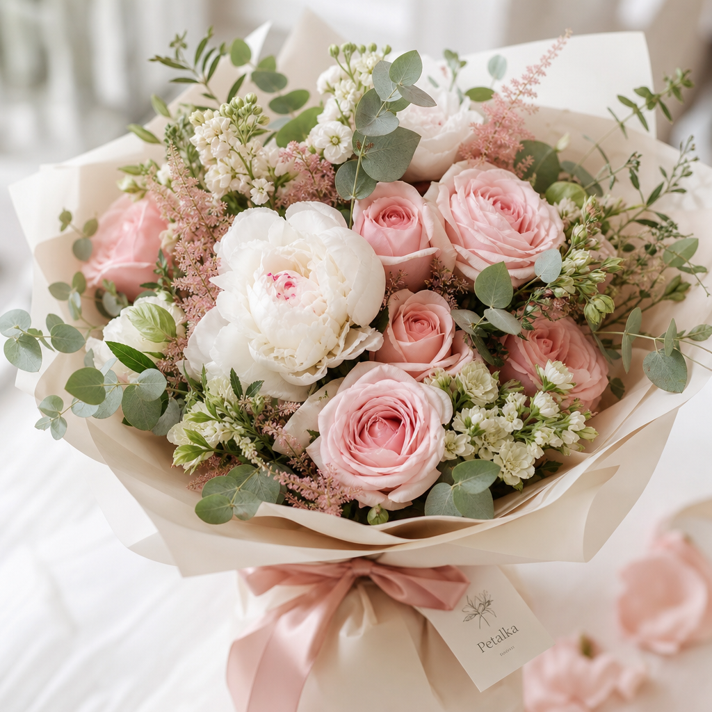 Romantic handmade bouquet with blush pink roses, white peonies, and soft greenery wrapped in cream paper