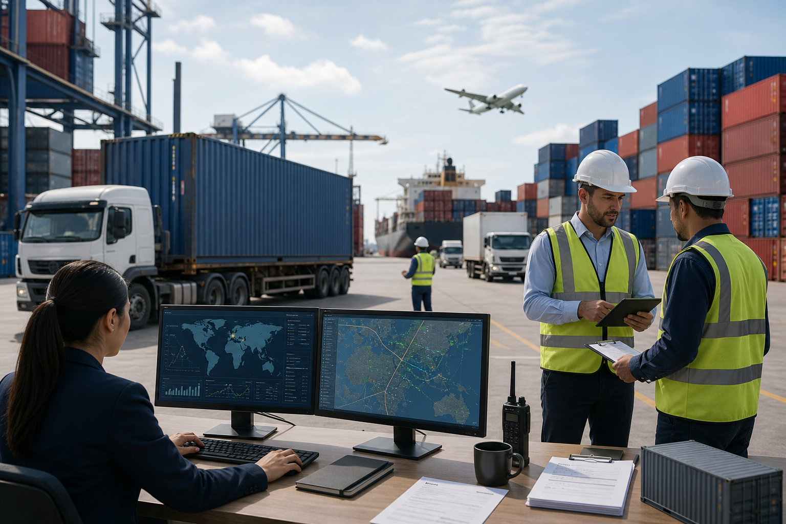International freight movement with trucks and containers coordinated across multimodal routes and monitored transport corridors