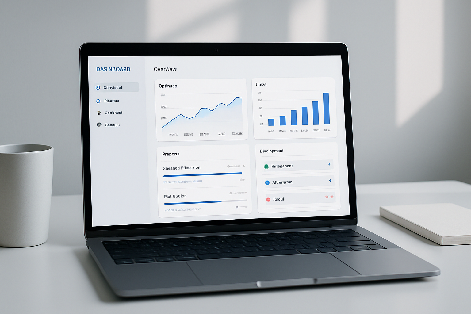 Modern software product dashboard showing analytics charts, team tasks, and deployment status on a sleek laptop workspace