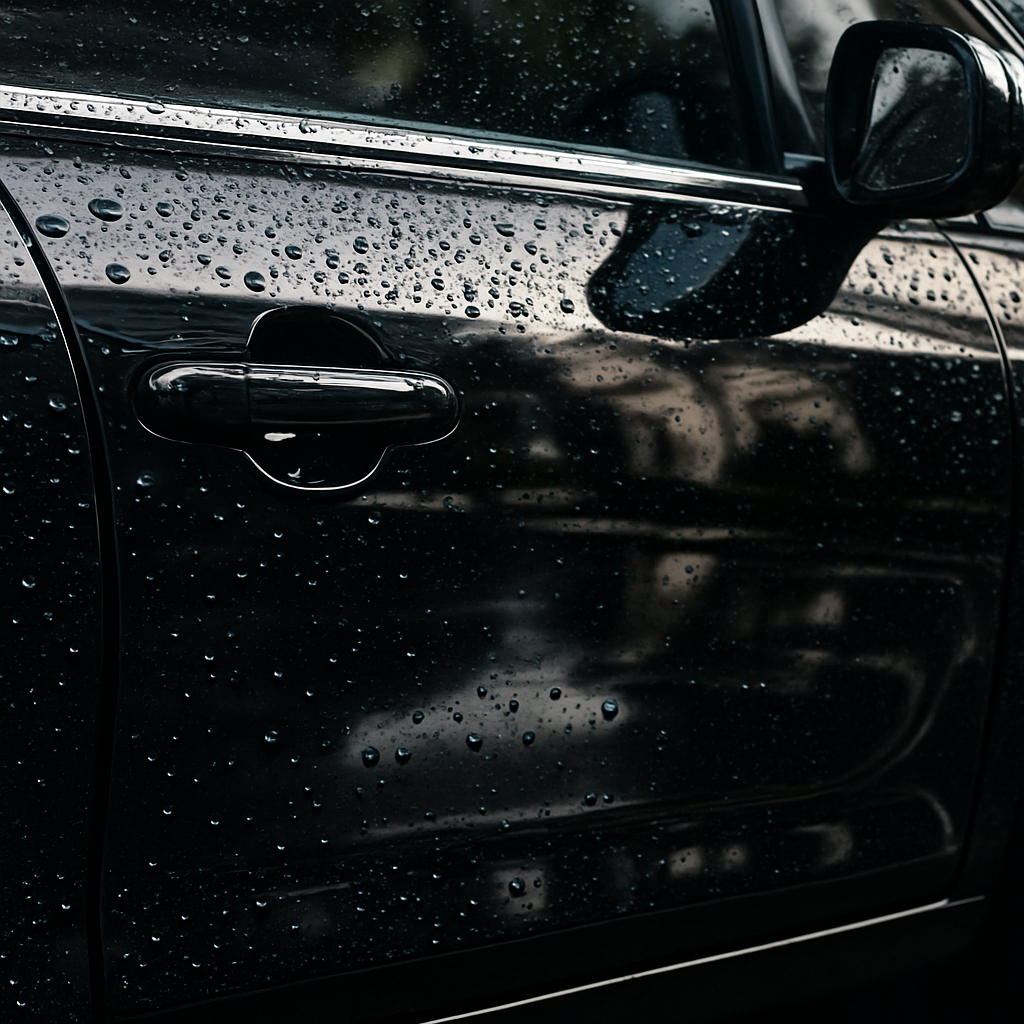 Closeup of a car door with a mirror-like high-gloss finish, water beading on the surface