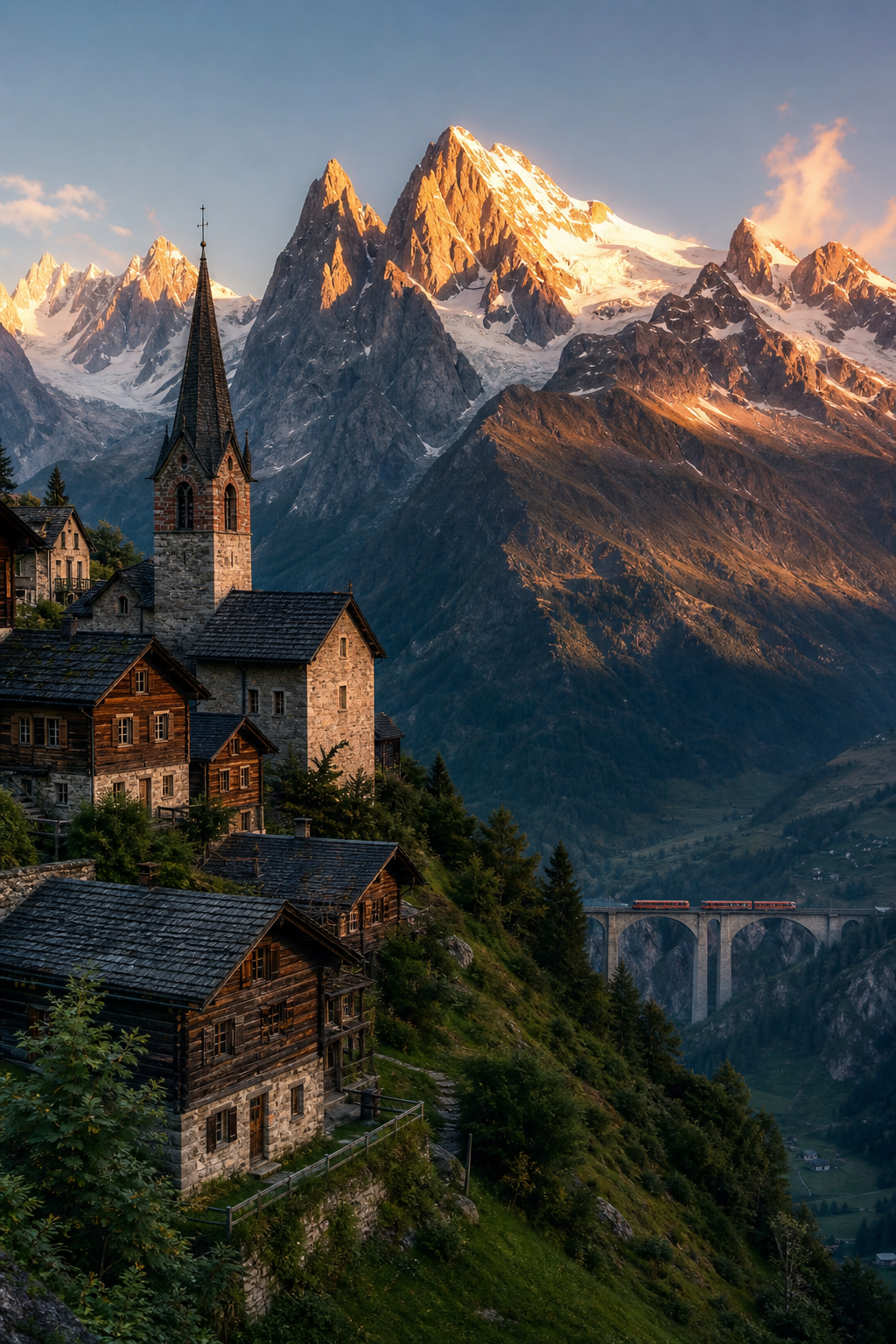 Timber alpine village and jagged snow-capped peaks lit by golden morning light