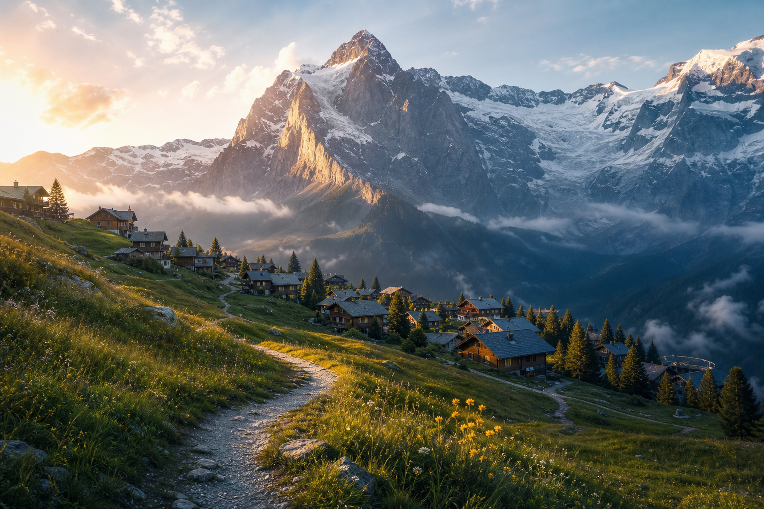 Alpine mountain village in the Swiss Alps at golden hour with snow-capped peaks above wooden chalets