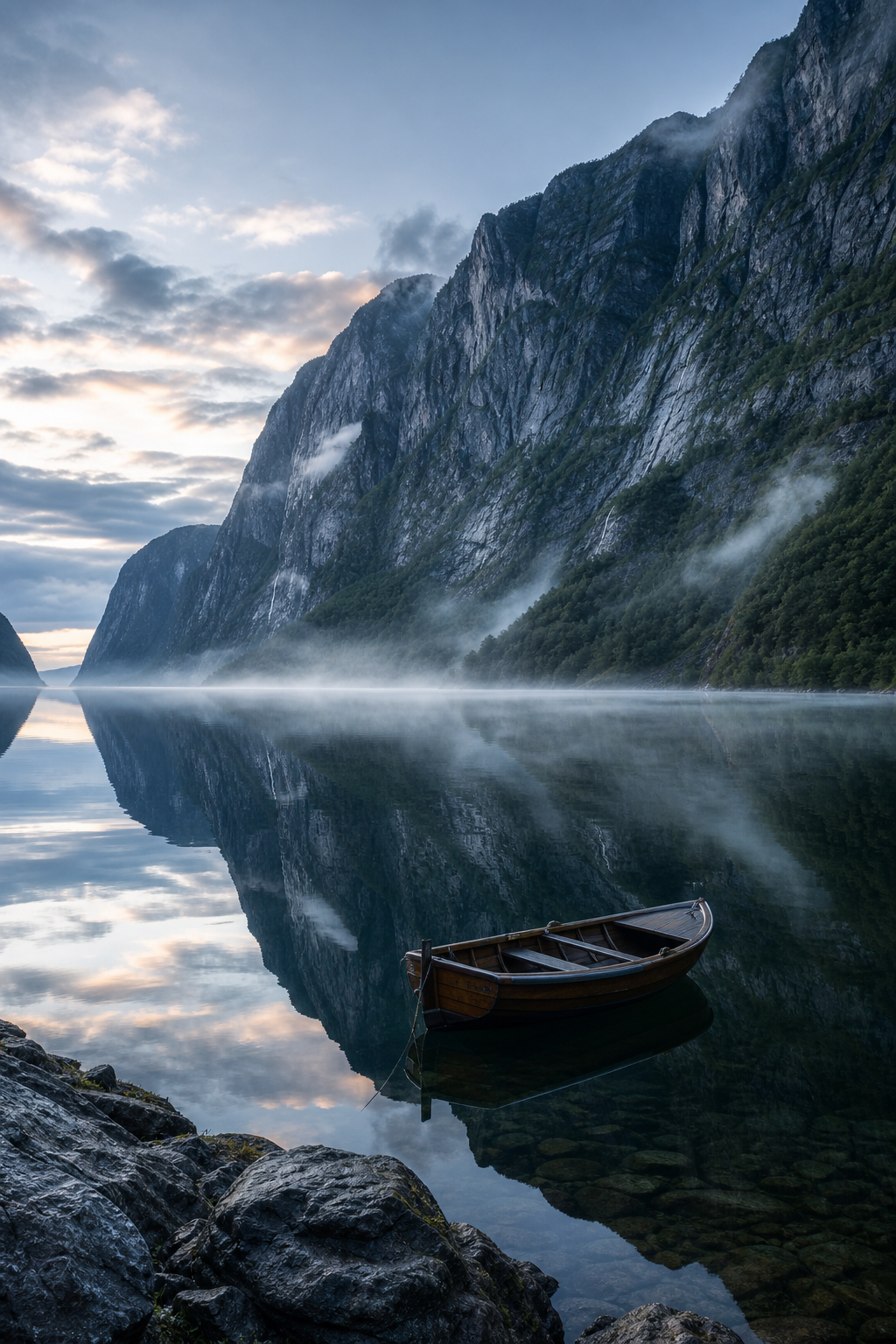 Steep fjord cliffs and calm mirror-like water at dawn in western Norway