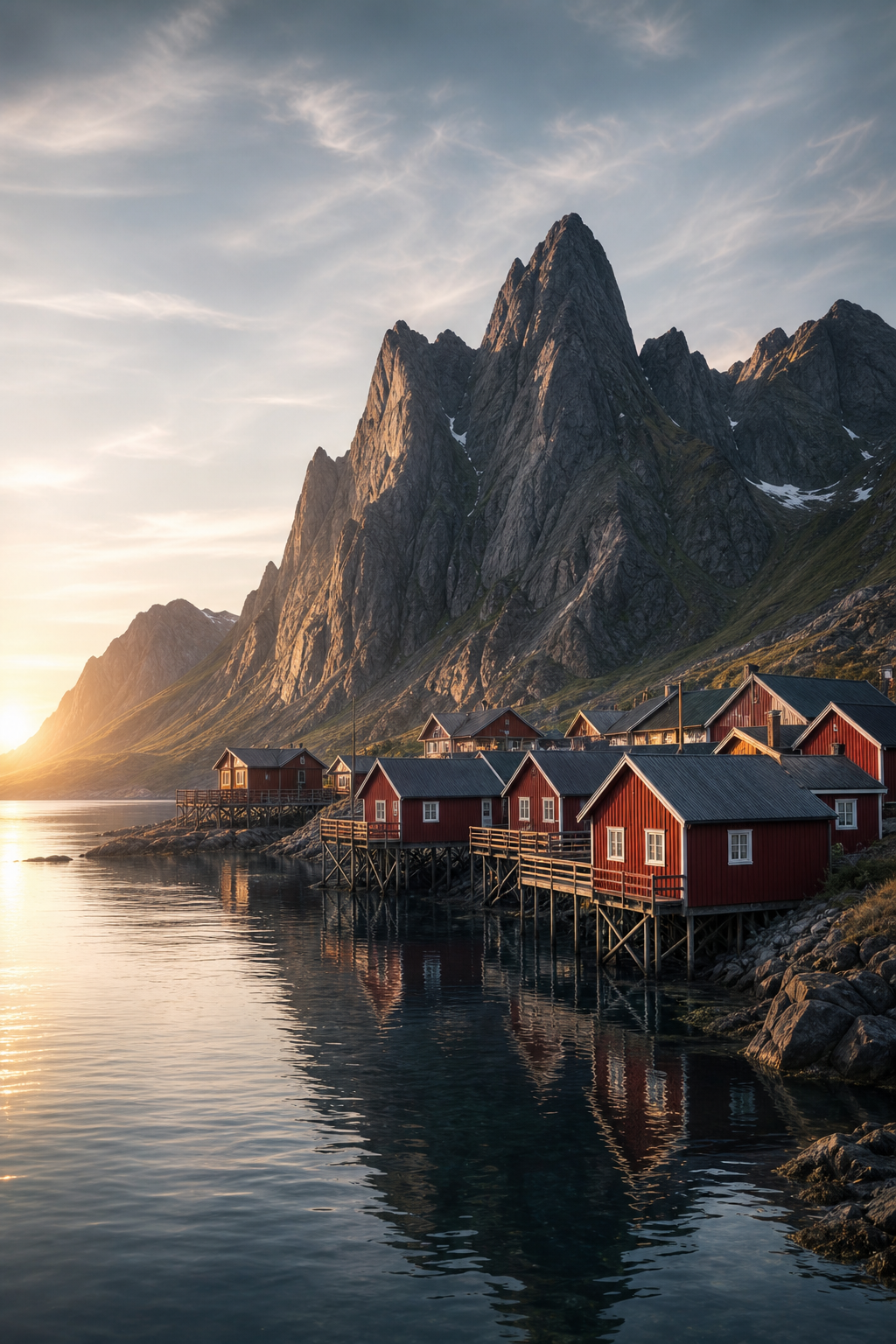 Red fishing cabins on stilts over dark water beneath jagged Lofoten peaks under midnight sun