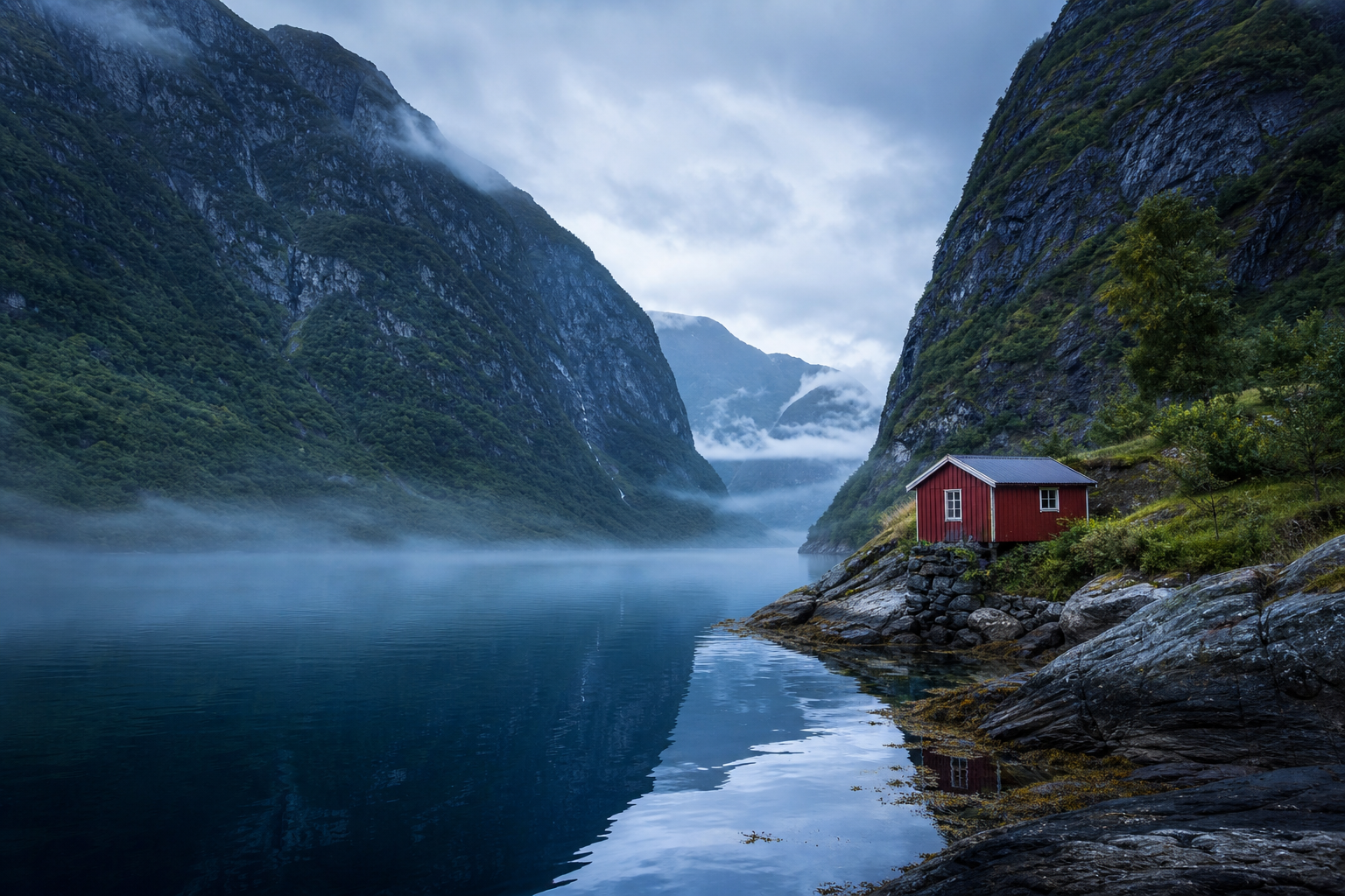 Steep green fjord cliffs plunging into deep navy water in Norway with a small red wooden cabin on the shore