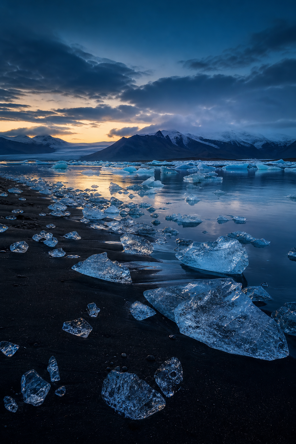Black volcanic sand beach and glacier lagoon along the Iceland ring road at dusk