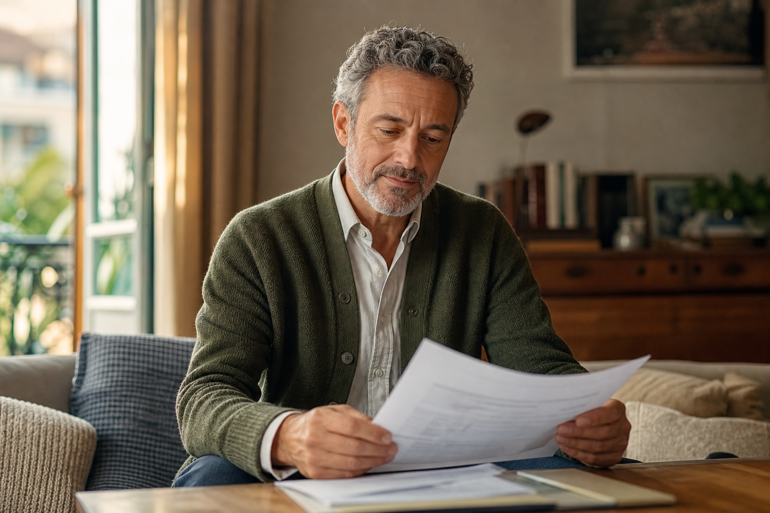 Homme français d’environ 58 ans, morphologie plus élancée, barbe poivre et sel courte et cheveux ondulés courts, seul dans un salon domestique paisible, portant un cardigan vert olive sur chemise claire, consultant des documents avec une expression sereine sous une lumière douce de fin d’après-midi